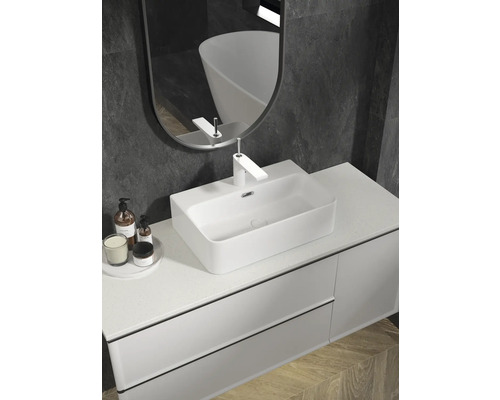 Badezimmer Waschtisch mit Aufsatzwaschbecken, Armatur, Spiegel und Unterschrank