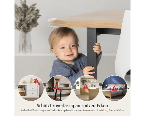 Kind steht an einem Tisch mit Eckenschutz