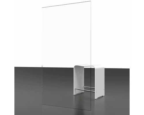 Klarer Acrylglasschutz mit einem Sitzmöbel im Hintergrund