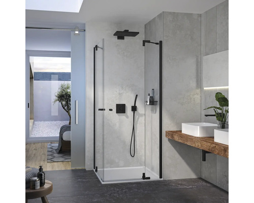 Eckeinstieg mit Drehtür Lido 300 800x800x2000 mm mit Festteil Echtglas Klar hell schwarz FEEP480/H1/85 Eckeinstieg mit Drehtür Lido 300 800x800x2000 mm mit Festteil Echtglas Klar hell schwarz FEEP480/H1/85