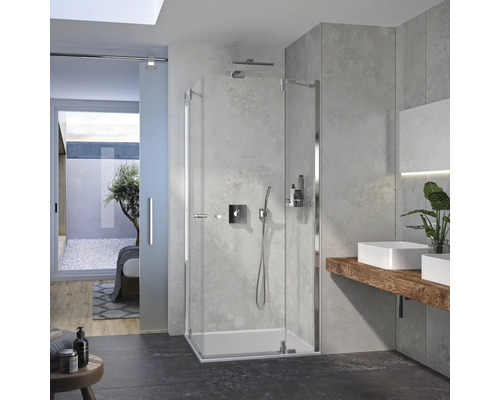 Eckeinstieg mit Drehtür Lido 300 800x800x2000 mm mit Festteil Echtglas Klar hell chromoptik und schmutzabweisender Glasbeschichtung FEEP480/K1/29 Eckeinstieg mit Drehtür Lido 300 800x800x2000 mm mit Festteil Echtglas Klar hell chromoptik und schmutzabweisender Glasbeschichtung FEEP480/K1/29