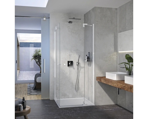 Eckeinstieg mit Drehtür Lido 300 800x800x2000 mm mit Festteil Echtglas Klar hell weiß und schmutzabweisender Glasbeschichtung FEEP480/K1/51 Eckeinstieg mit Drehtür Lido 300 800x800x2000 mm mit Festteil Echtglas Klar hell weiß und schmutzabweisender Glasbeschichtung FEEP480/K1/51