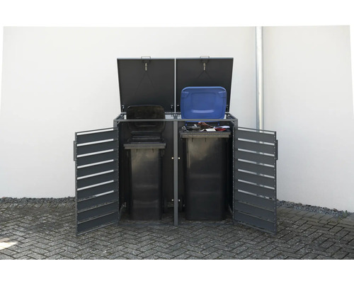 Mülltonnenbox mit zwei Mülltonnen und geöffneten Türen