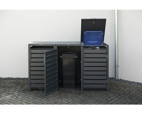 Mülltonnenbox mit Mülltonnen und geöffneten Türen