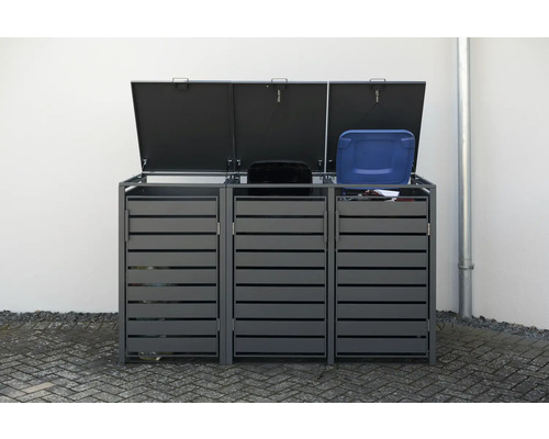 Mülltonnenbox für drei Mülltonnen mit geöffneten Deckeln