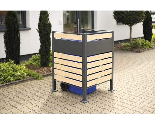 Mülltonnenbox mit grauen Rahmen und Holzlatten zur Mülltonnenverkleidung