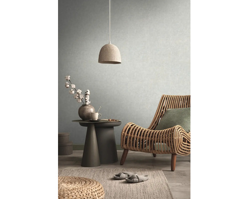 Wohnzimmer mit Rattansessel, Beistelltisch, Zimmerpflanze und Hängelampe für eine gemütliche Atmosphäre