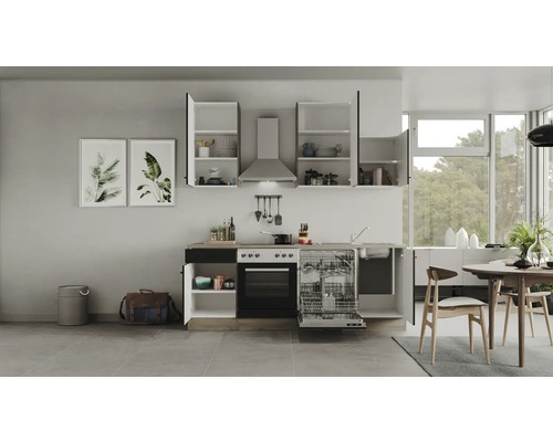 Moderne Küche mit Küchenschränken, Spülmaschine, Herd und Dunstabzugshaube in einem hellen Raum.