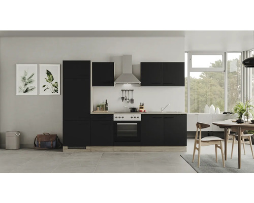 Küchenzeile Flex Well Capri schwarz matt/Wildeiche 270 cm inkl. Einbaugeräte Komplette Küche mit Schränken, Spüle, Herd und Dunstabzugshaube in einem hellen Raum