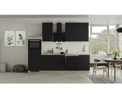 Küchenzeile Flex Well Capri schwarz matt/Wildeiche 280 cm inkl. Einbaugeräte 00012602