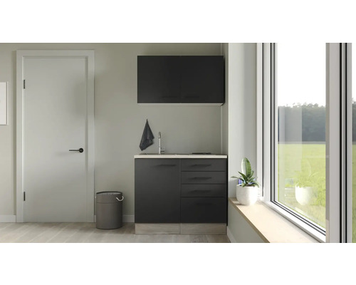 Miniküche Flex Well Capri schwarz matt/Wildeiche 100x60 cm inkl. Einbaugeräte-0