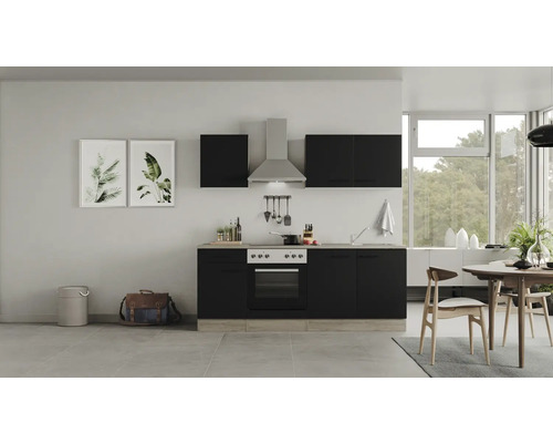 Küchenzeile Flex Well Capri schwarz matt/Wildeiche 150 cm inkl. Einbaugeräte-0