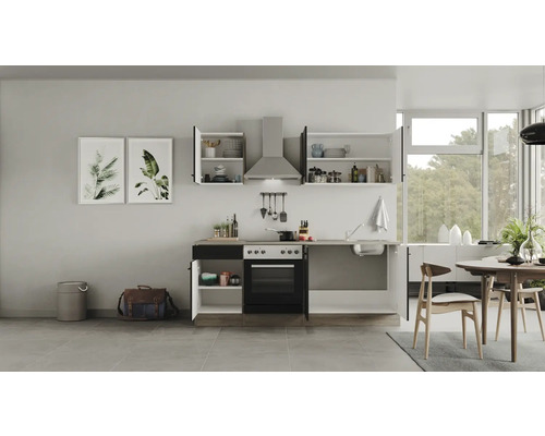 Küchenzeile mit Hängeschränken, Spüle und Elektroherd in modernem Design