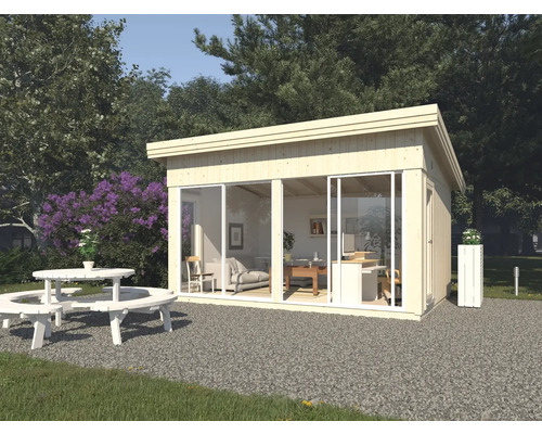 Gartenhaus Palmako Annabel 18 mm inkl. Fußboden und Schiebetür 502 x 390 cm natur Gartenhaus mit Glasschiebetüren, Holztisch und Stühlen im Garten