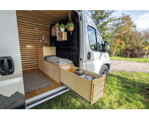 Innenausbau eines Lieferwagens mit Holzwandverkleidung, Küchenzeile, Bett und Auszug