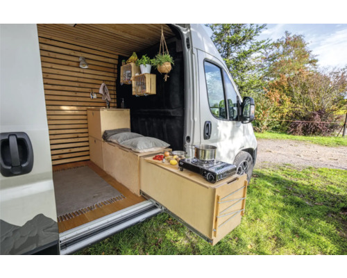 Innenausbau eines Lieferwagens mit Holzelementen, Kochstelle und Stauraum