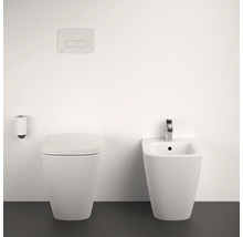 Toilette, Bidet und Betätigungsplatte in einem hellen Badezimmer