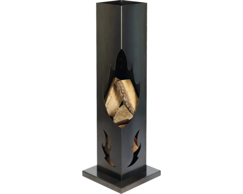 Brennholzregal aus Metall mit Flammenmuster und Holzscheiten