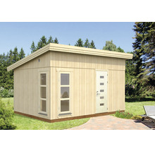 Modernes Gartenhaus aus Holz mit Tür und Fenstern