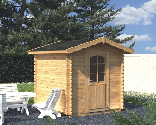 Gartenhaus Palmako Vivian 3,8 m² inkl. Fußboden 254 x 244 cm tauchgrundiert braun Gartenszene mit Holzgartenhaus, Tisch und Stühlen