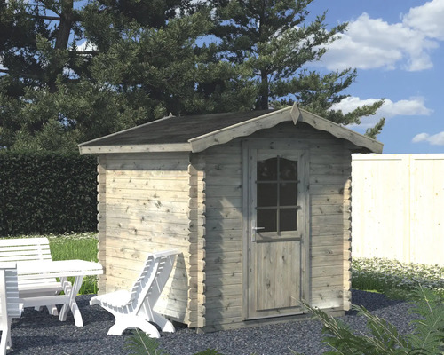 Gartenhaus Palmako Vivian 3,8 m² inkl. Fußboden 254 x 244 cm tauchgrundiert grau Garten Szene mit einem Holzgartenhaus mit Tür und Fenstern sowie Gartenmöbeln.