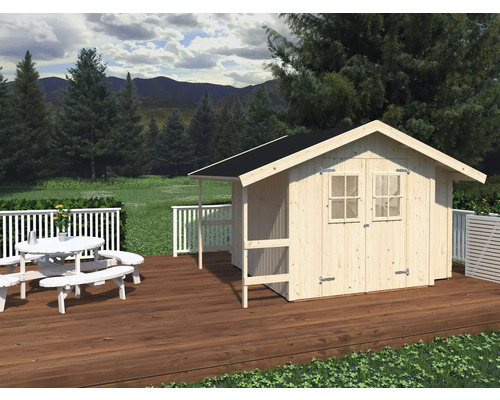 Gerätehaus Palmako Markus 16 mm inkl. Fußboden 384 x 289 cm tauchgrundiert Holzgartenhaus mit Terrasse auf einer Holzterrasse mit Gartenmöbeln und Blick auf die Natur.