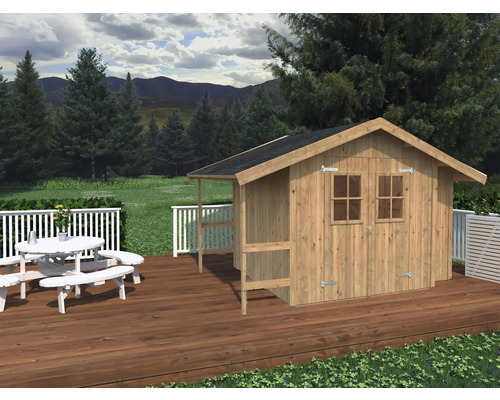 Gerätehaus Palmako Markus 16 mm inkl. Fußboden 384 x 289 cm tauchgrundiert braun Holzgartenhaus mit Vordach auf einer Holzterrasse mit einem Picknicktisch im Garten