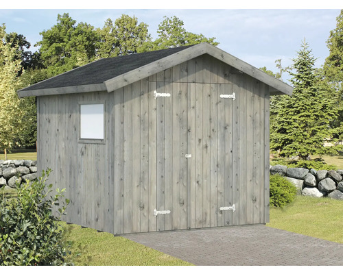 Gerätehaus Palmako Nils 16 mm inkl. Fußboden 279 x 289 cm tauchgrundiert grau Gartenhaus aus Holz mit Fenster und Doppeltür