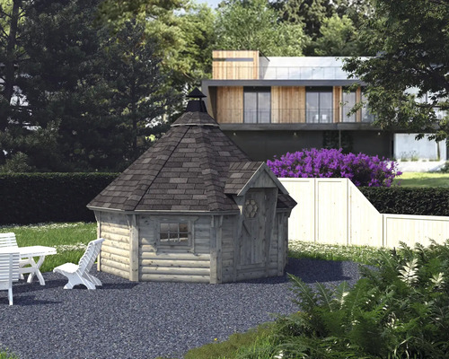 Grillkota Palmako Eva 11,4 m² inkl. Fußboden 419 x 419 cm tauchgrundiert grau Holz Kota Grillhaus mit Gartenmöbeln in einem Garten
