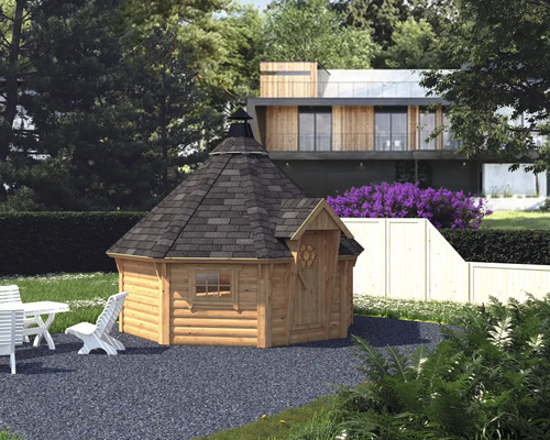Grillkota Palmako Eva 11,4 m² inkl. Fußboden 419 x 419 cm tauchgrundiert braun Sechseckiger Grillkotta aus Holz mit Spitzdach im Garten