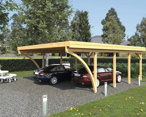 Doppelcarport aus Holz mit zwei Autos