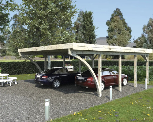 Doppelcarport aus Holz mit zwei geparkten Autos