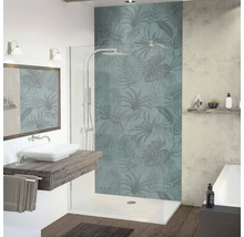 Badezimmer mit Dusche, Waschbecken und Spiegel im modernen Design mit Pflanzenmuster