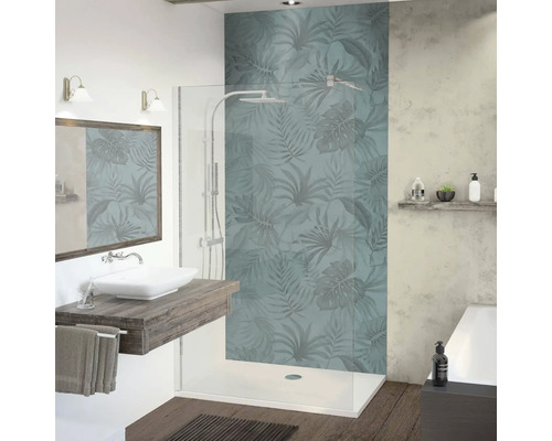 Duschrückwand Breuer 2100x900x3 mm Dekor Foto Jungle Badezimmer mit Dusche, Waschbecken und Spiegel im modernen Design mit Pflanzenmuster