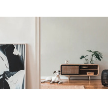 Wohnzimmer mit Kommode, Dekoration und Hund