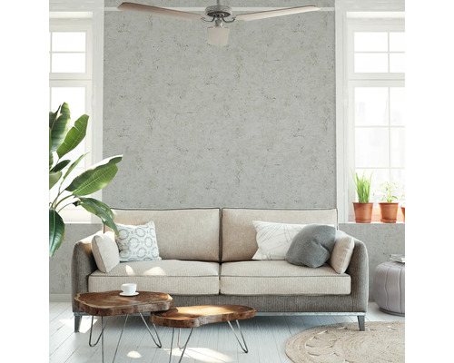 Wohnzimmer mit Sofa, Couchtischen, Zimmerpflanze und Deckenventilator