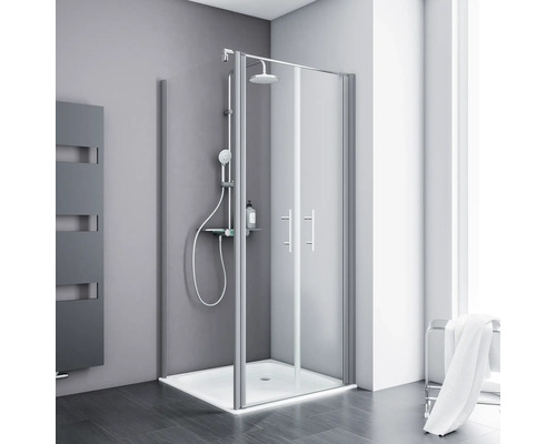 Pendeltür mit Seitenwand Schulte ExpressPlus Alexa Style 2.0 EP32250450150017192 800x800x1920 mm Echtglas Klar hell aluminium mit schmutzabweisender Glasbeschichtung Duschkabine mit Duschwanne und Armatur im Badezimmer