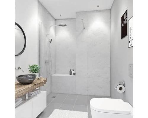 Duschrückwand Breuer Decodesign 1500x2550x3 mm Dekor Marmor grau Badezimmer mit Dusche, Waschbecken auf Holzablage und Toilette
