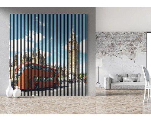 Wandbild mit Londoner Doppeldeckerbus und Big Ben im Streifenmuster