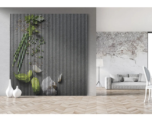 Dekoratives Wandpaneel mit Gemüse-Motiv in einem modern eingerichteten Raum.