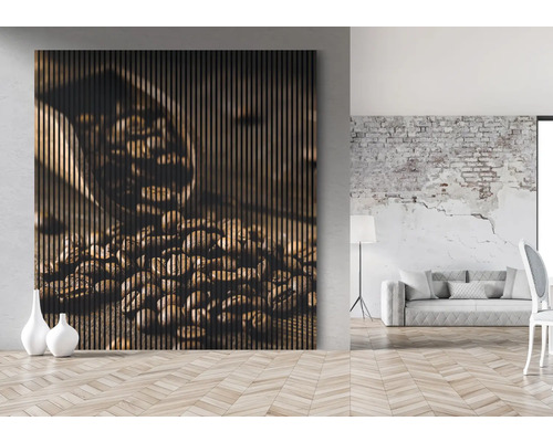 Dekoratives Wandpaneel mit Kaffeebohnenmotiv in modernem Wohnraum.