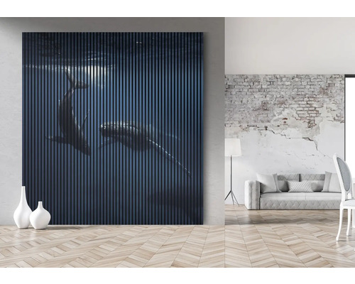 Dekorative Wandpaneele mit Wal-Motiv in einem hellen Wohnraum