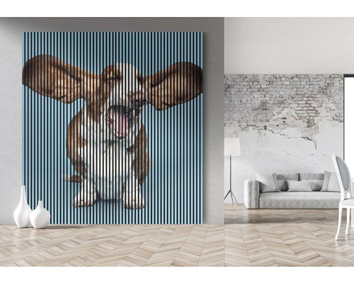 Dekoratives Wandbild mit Hundemotiv und Lattenstruktur