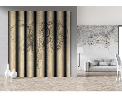 Dekoratives Wandpaneel mit Elefantenmotiv in einem hellen Raum