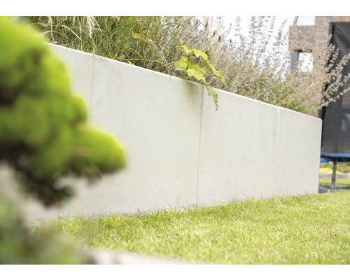 Betonmauer im Garten mit Bepflanzung.