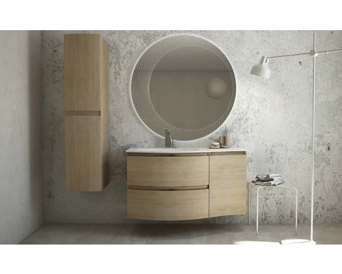 Modernes Badezimmer mit Waschtischunterschrank, Spiegelschrank und runden Spiegel mit Beleuchtung