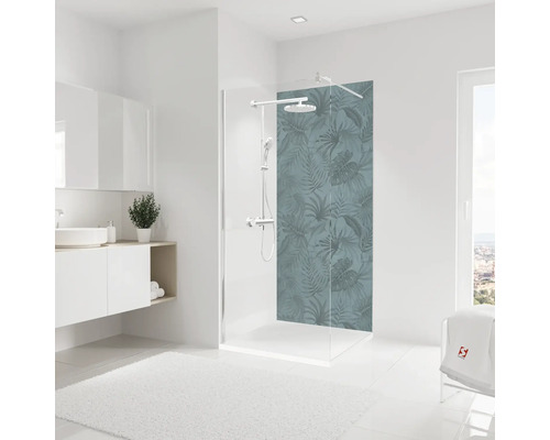 Duschrückwand Schulte Decodesign 2100x900x3 mm Jungle Blätter Badezimmer mit Duschabtrennung mit Pflanzenmuster, Waschbecken und Badmöbeln