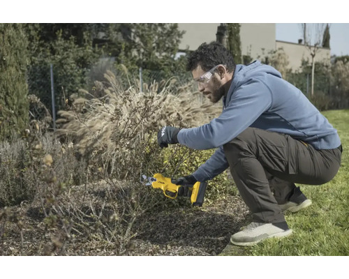 Ein Mann mit Schutzbrille und Handschuhen schneidet eine Pflanze mit einer Akku-Gartenschere.