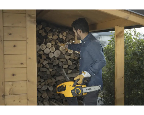 Mann mit einer Stiga Kettensäge vor einem Holzstapel.