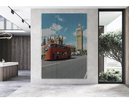Wandbild mit Londoner Doppeldeckerbus und Big Ben im Streifenlook
